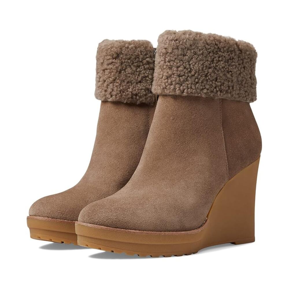 Ralph Lauren Taupe Suede Shearling Cuff Wedge Boots